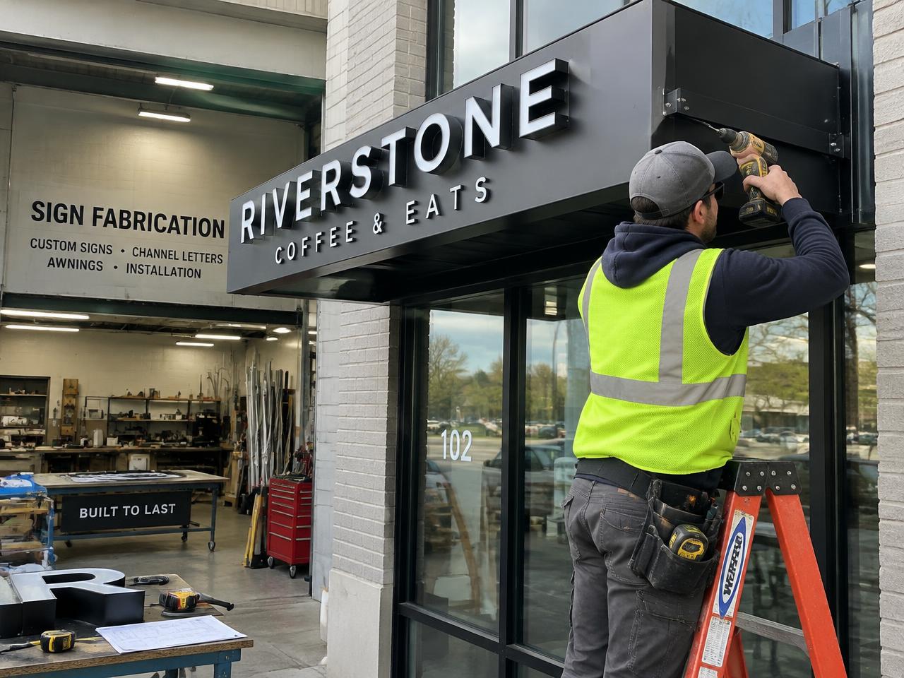 Sign installer mounting a metal awning sign